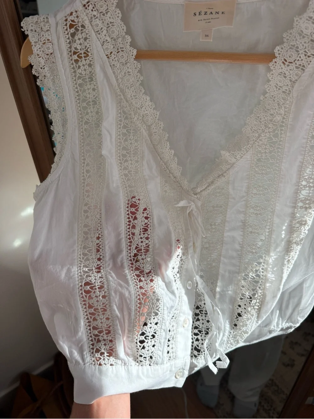 Sezane Ecru Lace-Trim Tie-Front Sleeveless Blouse - Picture 6 of 6